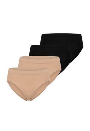 To par sorte og to par beige bomuldstrusser til kvinder arrangeret i vekslende farver på en hvid baggrund.