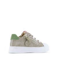 Beige suede sneaker with white rubber sole, green heel accent, and lace-up design. Features a side zipper and contrasting red detail.