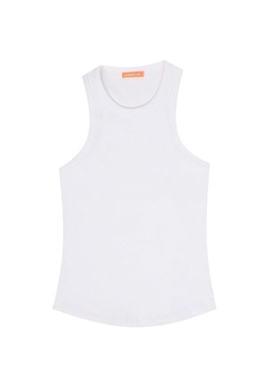 White sleeveless tank top with a round neckline, made from a ribbed knit fabric. Features a subtle curved hem and an orange label inside.