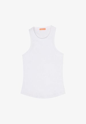 White sleeveless tank top with a round neckline, made from a ribbed knit fabric. Features a subtle curved hem and an orange label inside.