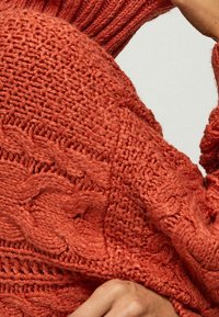 Neulottu neuletakki ruosteenoranssina teksturoidulla kuviolla. Siinä on resorikaulus ja paksu neulos, jotka korostavat lämpöä ja mukavuutta.