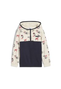 Sudadera con capucha en una combinación de colores crema y navy, que presenta divertidos estampados gráficos y un cierre de cremallera frontal. Está hecha de una suave mezcla de algodón.