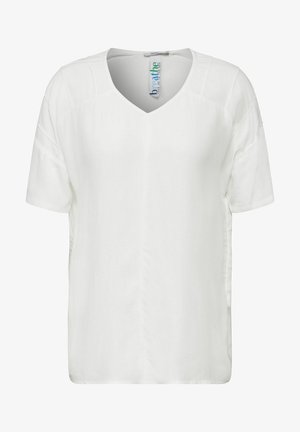 Top bianco a maniche corte con scollatura a V, caratterizzato da una texture liscia e sottili spacchi laterali per un maggiore comfort. Tessuto leggero.