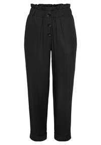 Schwarze Hose mit einem gerafften elastischen Bund, drei großen Knöpfen, geradem Bein-Design und aufgerollten Säumen. Glatte Stofftextur.