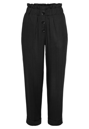 Black trousers with a gathered elastic waistband, three large buttons, straight-leg design, and rolled cuffs. Smooth fabric texture.