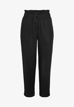 Black trousers with a gathered elastic waistband, three large buttons, straight-leg design, and rolled cuffs. Smooth fabric texture.