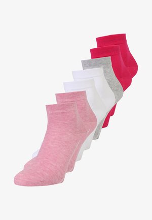 Set of ankle socks in pink, red, gray, and white. Soft, stretchy fabric with a ribbed cuff and smooth texture. Seven pairs total.
