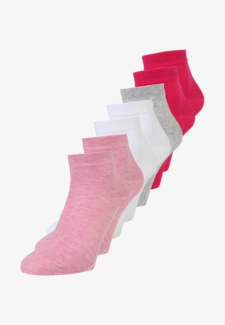 Set of ankle socks in pink, red, gray, and white. Soft, stretchy fabric with a ribbed cuff and smooth texture. Seven pairs total.