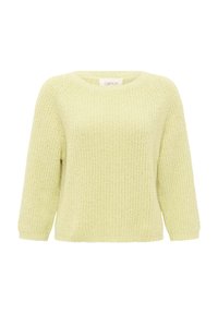 Helles gelbes Strickpullover mit Rundhalsausschnitt, dreiviertellangen Ärmeln und einem strukturierten Muster. Weicher Materialfinish.