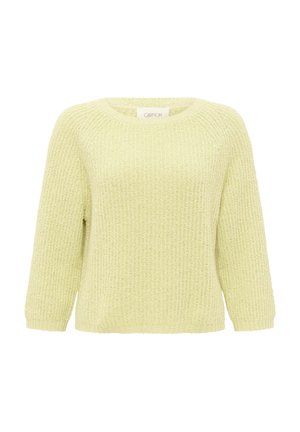 Pull en maille jaune pâle avec un col rond, des manches trois-quarts et un motif texturé sur l'ensemble. Fini en matériau doux.