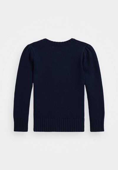 Temno modra pletena pulover, z okroglo ovratnico, žametenimi manšetami in robom ter detajli napihnjenih rokavov. Teksturna tkanina po celotnem puloveru.