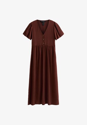 Bordeaux maxi-jurk met korte pofmouwen, een V-halslijn, knoopdetails aan de voorkant en een geraffineerde taille voor een luchtige silhouet.