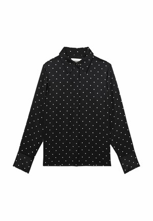 Cămașă neagră cu mâneci lungi, cu guler cu nasturi și buline albe. Țesătură netedă, design ajustat și mâneci cu manșete.