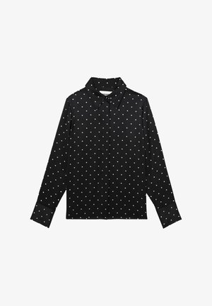 Schwarzes Langarmhemd mit Button-Down-Kragen und weißen Polka-Punkten. Glatter Stoff mit tailliertem Schnitt und geknöpften Manschetten.