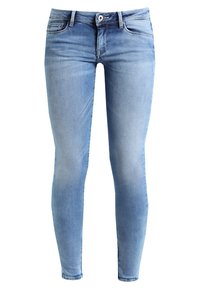 Ljusblå skinny jeans i denim, med en klassisk femficksdesign och dragkedja med knappstängning.
