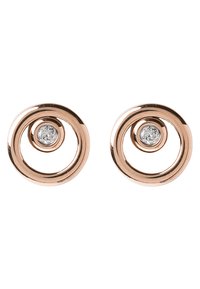 Boucles d'oreilles circulaires en or rose avec une pierre précieuse claire au centre, finition lisse et poli avec un design en spirale.