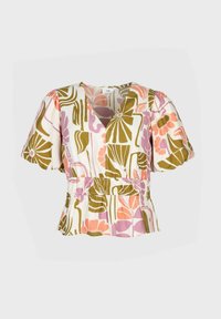 Haut à imprimé floral en crème avec des motifs roses et vert olive. Doté d'un décolleté en V, de manches bouffantes, et d'une taille élastique pour une silhouette ajustée.