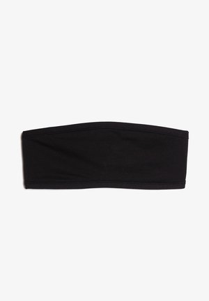 Top bandeau negro confeccionado en tejido suave. Presenta un diseño sin costuras con un acabado elástico y bordes limpios. Sin hardware visible.