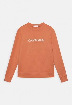 Sweatshirt Calvin Klein couleur rouille avec manches longues et texte logo blanc centré sur le devant.