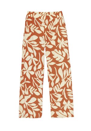 Wijde broek met een gestructureerde geribbelde stof, met een bruine achtergrond en witte bladvormen, elastische tailleband voor comfort.