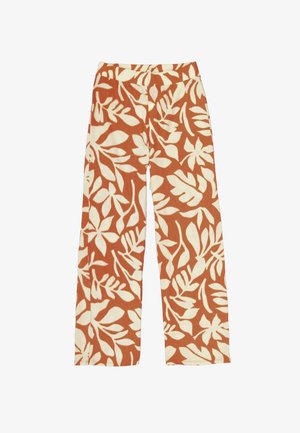 Pantalon à jambes larges en tissu côtelé texturé, avec un fond marron et des motifs de feuilles blanches, taille élastique pour plus de confort.