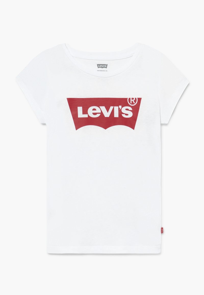Maglietta bianca a maniche corte con un grande logo rosso Levi's e l'iconica grafica a forma di ali di pipistrello. Realizzata in morbido tessuto di cotone.