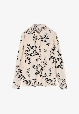 Lange mouw blouse in lichtbeige met een zwart botanisch patroon, voorzien van een knoopsluiting aan de voorkant en een klassieke kraag. Soepele stof textuur.
