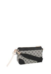 Canvas clutch bag in grey with black leather accents. Features a patterned exterior, zip closure, and an adjustable strap for versatility.