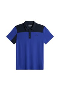 Blaues Polohemd mit schwarzen Akzenten, ausgestattet mit einer Knopfleiste mit drei Knöpfen, kurzen Ärmeln und einem Logo auf der linken Brust. Glattes, leichtes Material.