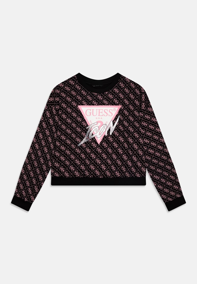 Pull court noir avec un motif géométrique rose et blanc. Comprend un grand logo triangle rose avec "GUESS U.S.A." et des accents argentés.