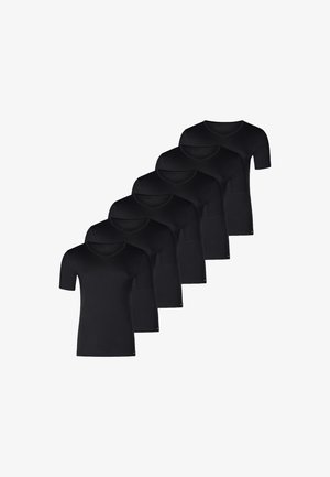 Six black short-sleeve t-shirts displayed in a row. Each features a round neckline and a smooth, lightweight fabric texture.