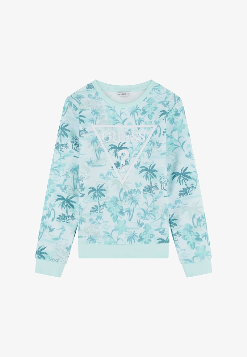 Felpa azzurro chiaro con stampe di palme, tessuto testurizzato, polsini e orlo a coste, con un logo bianco in forma di triangolo.