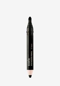 Zwarte dubbelzijdige oogschaduwpotlood met een puntige tip en een ronde applicator. Heeft een matte afwerking en een zachte, getextureerde grip.