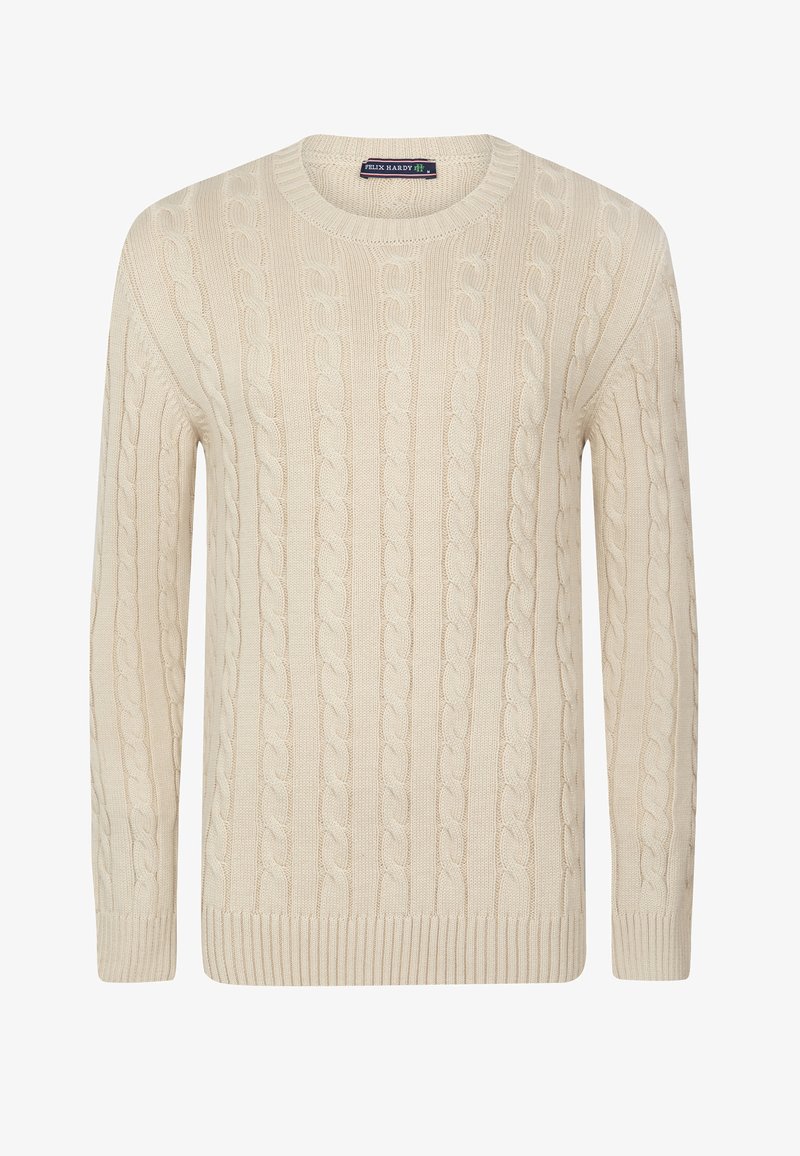 Kreemi värvi kabelkootud sviiter ümmarguse kaelusega, ribivarrukate ja hemiga, millel on tekstuurilised mustrid läbi kogu kanga.