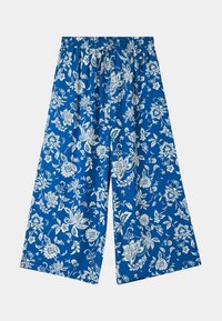 Pantaloni blu a gamba larga con un motivo floreale bianco, dotati di un elastico in vita e realizzati in tessuto leggero. Adatti per un abbigliamento informale.