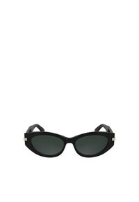 Black cat-eye sunglasses with dark lenses, thick plastic frames, and gold accents on the arms. Smooth texture and sharp silhouette.