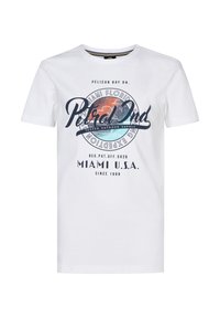 Camiseta de algodón blanca con un estampado gráfico que incluye texto en azul, naranja y negro, así como elementos de diseño en forma de círculo. Estilo clásico de cuello redondo.