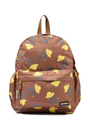 Zaino marrone con motivo UFO giallo e raggio blu, tasca frontale con zip e anello marrone per il trasporto nella parte superiore.