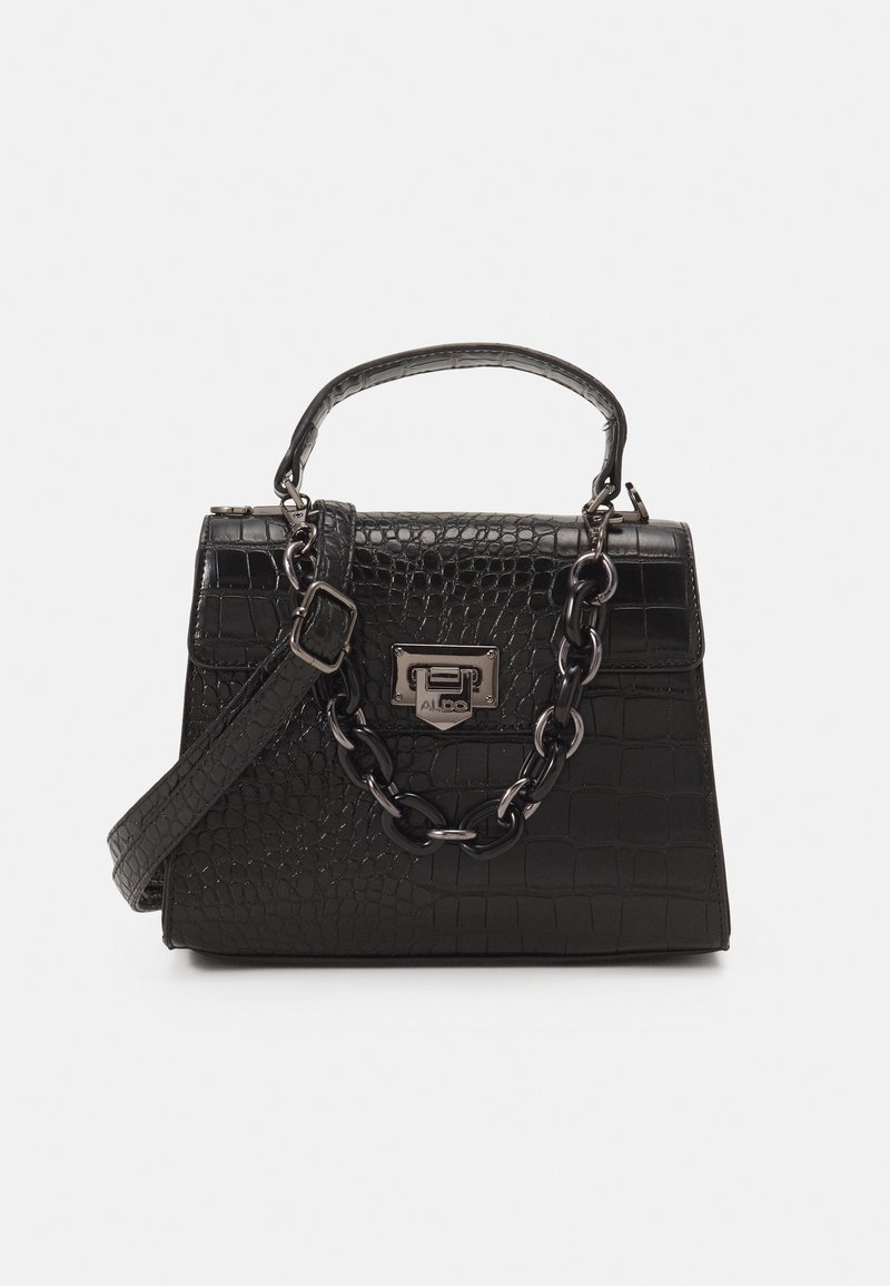 Sac à main noir à texture crocodile avec poignée courte, sangle réglable, détail en chaîne et fermeture à boucle argentée sur le devant.