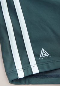 Tumedrohelised sportlikud lühikesed püksid, millel on kaks valget vertikaalset triipu ja valge kolmnurkne "ACTIVE" logo ääre lähedal.