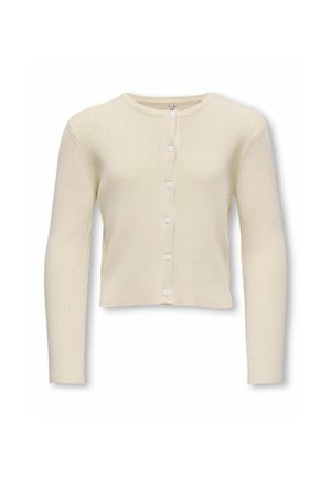 Ribbad crèmefärgad cardigan med rund halsringning, långa ärmar och sex vita knappar framtill. Mjuk textur, figursydd design och kort längd.