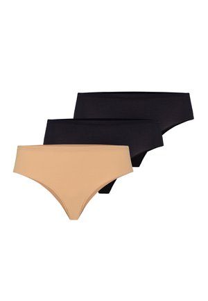 Trois culottes hipster sans couture pour femmes en noir et beige, empilées avec la paire beige devant.