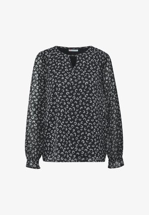 Sort langærmet bluse med V-hals, prydet med et gråt asymmetrisk leopardprint. Let, gennemsigtig stof med samlede ærmekanter.