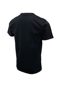 T-shirt nera in cotone con maniche corte, design a girocollo e una superficie liscia. Il retro presenta una finitura senza cuciture e una forma regolare.