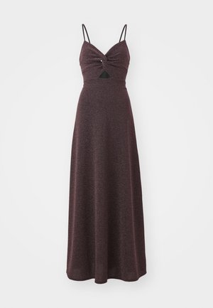 Long burgundy dress with a fitted bodice, twist front detail, thin adjustable straps, and a flowy textured skirt. Includes a small cut-out.