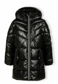 Veste matelassée noire brillante avec capuche, fermeture éclair frontale, poche poitrine et deux poches inférieures à rabat avec boutons, conçue pour temps froid.
