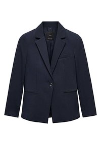 Blazer bleu marine à un bouton avec revers à cran, deux poches fendues à l'avant et une poche poitrine, coupé pour une silhouette ajustée.