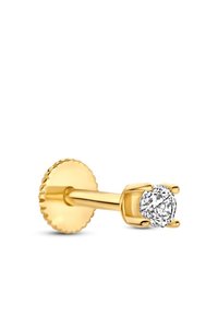 Gold-colored stud earring featuring a round, clear gemstone set in a four-prong setting, with a textured backing and smooth post.