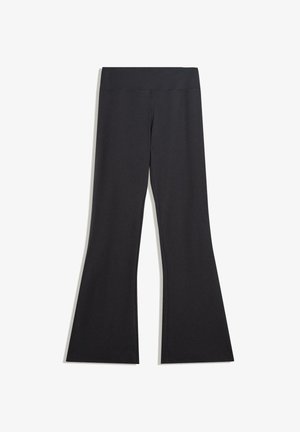 Black high-waist flare pants with wide legs, smooth fabric, and minimal stitching, displayed on a plain white background.