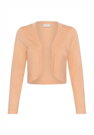 Persikofärgad kortärmad cardigan i lättstickat material. Har lång ärmar och en öppen frontdesign utan knäppningar.